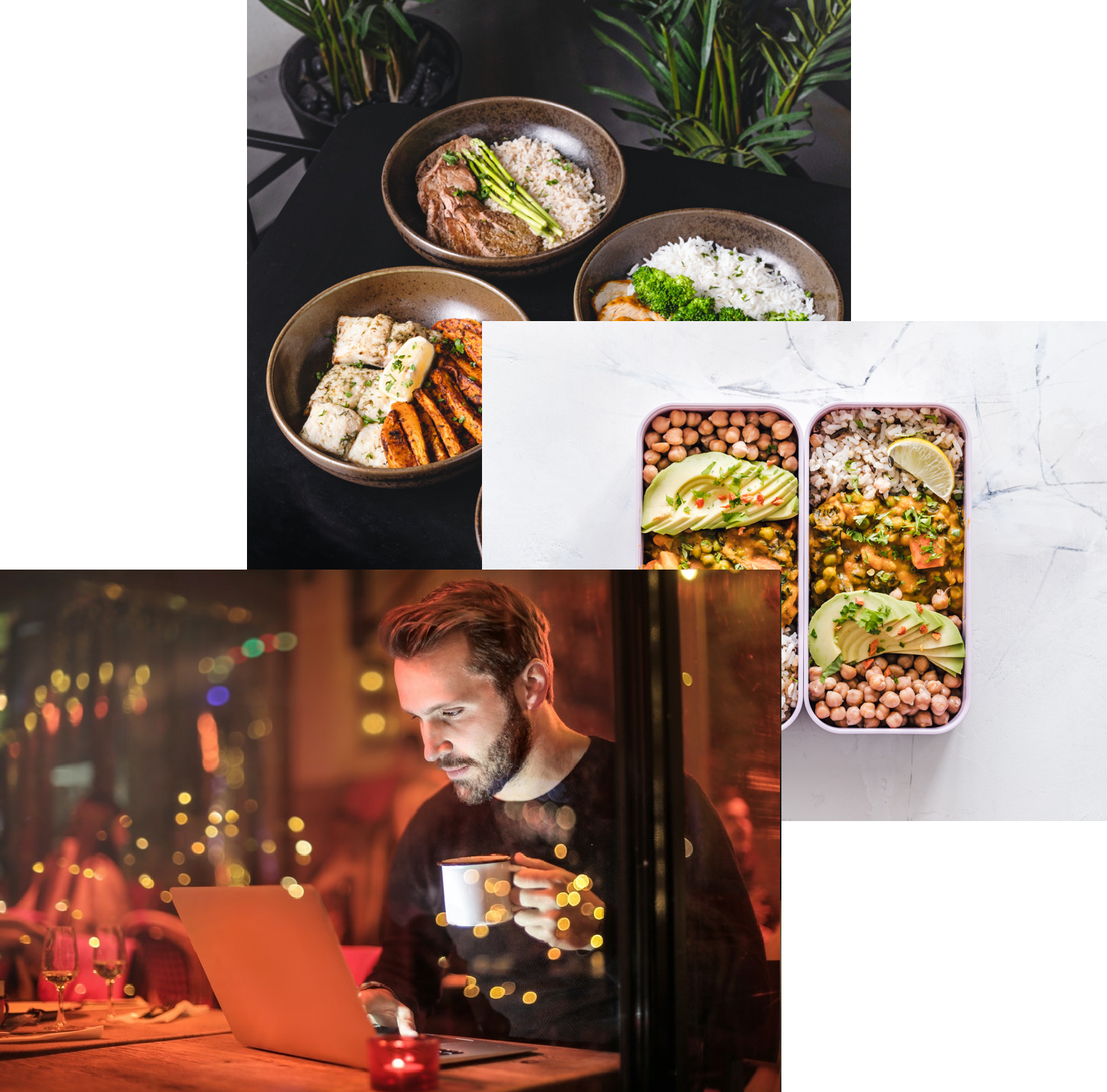 woman enjoying food, meals in storage container, and food bowls on a table